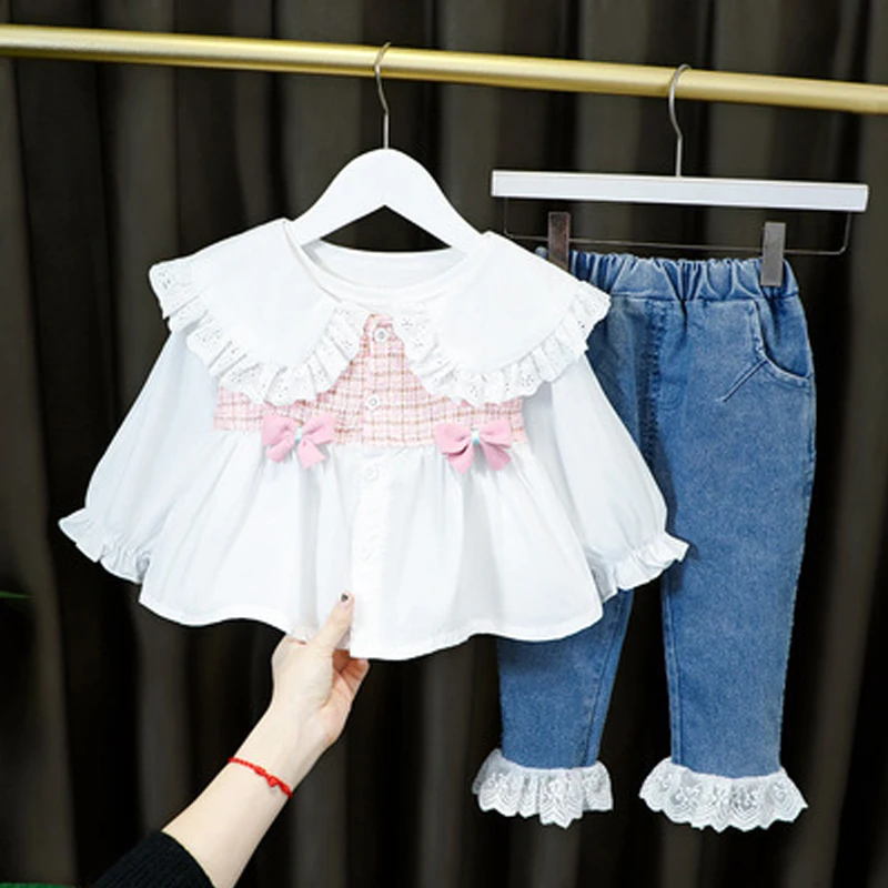 Girls Princess 2pcs/set Clothes Set Baby Kids Children Spring Autumn Long Sleeve bow printing Blouse Shirt blouse+Jeans Pant
Girls Princess 2pcs/set Clothes Set Baby Kids Children Spring Autumn Long Sleeve bow printing Blouse Shirt blouse+Jeans Pant