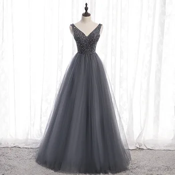 Beaded V Neck Sexy Long Prom Dresses 2020 Gray Tulle Prom Gowns Sukienki Lace Up Party Dress Elegant 
Beaded V Neck Sexy Long Prom Dresses 2020 Gray Tulle Prom Gowns Sukienki Lace Up Party Dress Elegant
