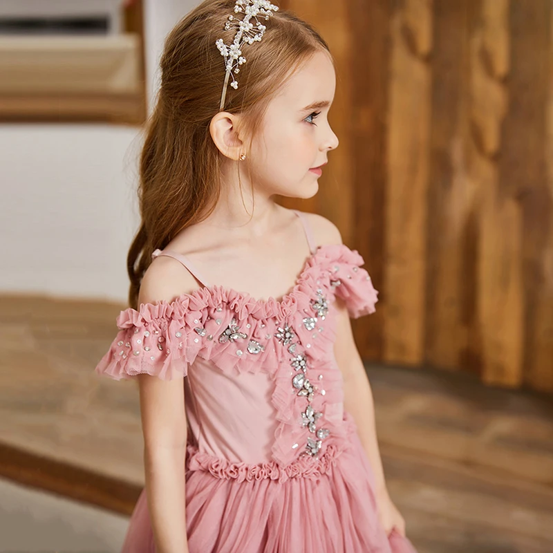 Платье для маленьких девочек принцессы с открытыми плечами и блестками дня