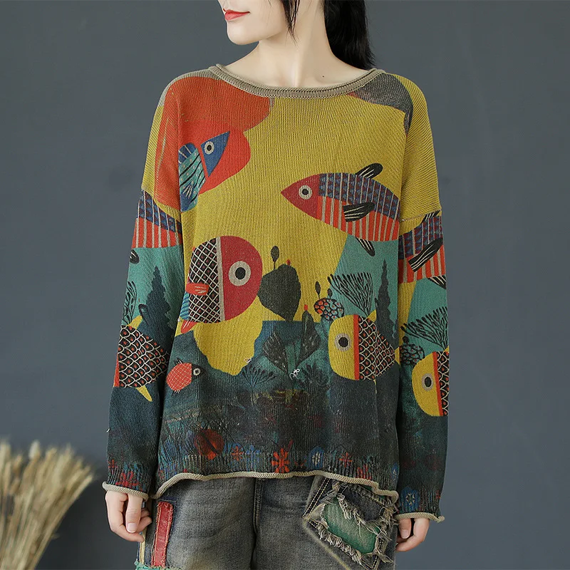 Autumn Sweater Women Retro Knitting Pullovers 2019 New Ladies Loose Tops O-Neck Long-sleeved Print Large size Casual | Женская одежда