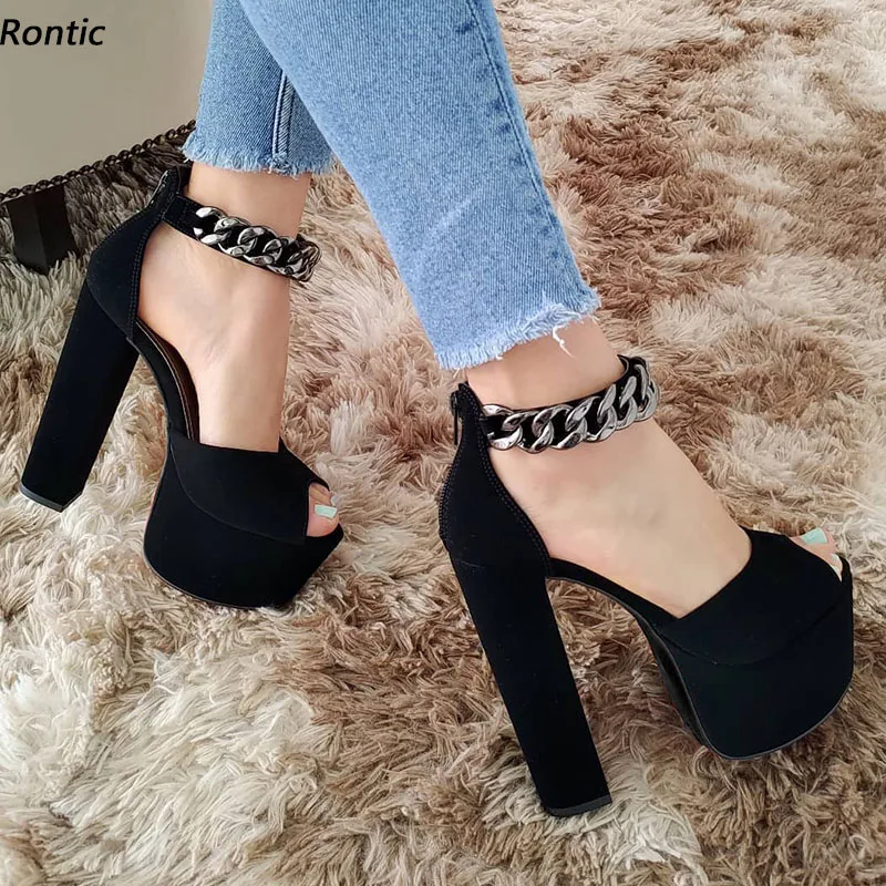 

Rontic Handmade Women Platform Sandals Suede Ankle Strap Sexy Chain Block Heels Peep Toe Elegant Black Party Shoes US Size 5-20