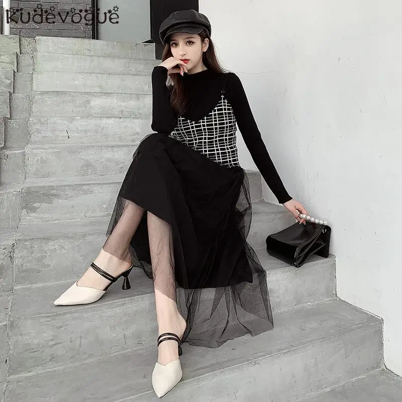 

Bottoming knitted dress autumn and winter new net red knitted sling stitching mesh gauze waist was thin two-piece