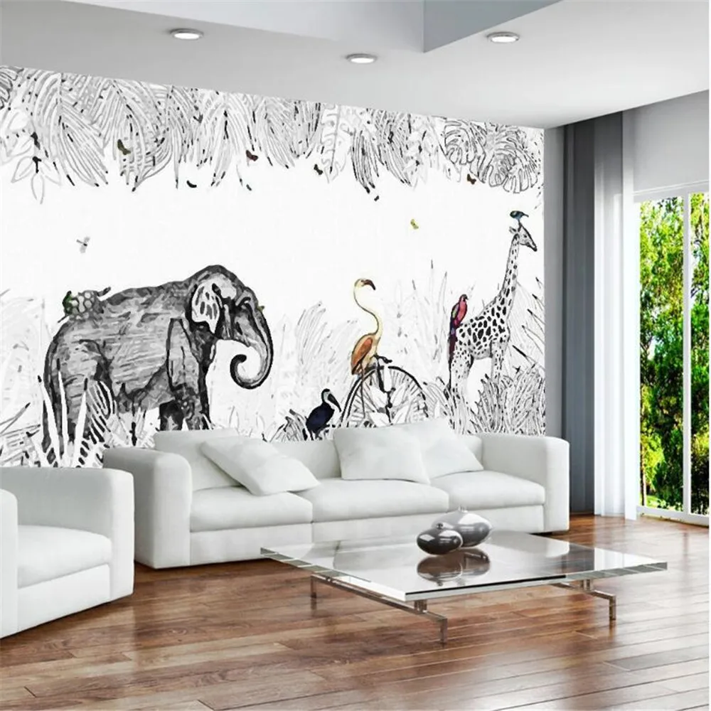 

Milofi custom 3D wallpaper mural simple hand-painted small fresh elephant giraffe European TV background wall