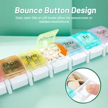 Bounce Open Pill Box 7 Days Weekly Storage Pill Cases Travel Organizer Container Drug Tablet Dispenser Case Tablet Pills Boxes
Bounce Open Pill Box 7 Days Weekly Storage Pill Cases Travel Organizer Container Drug Tablet Dispenser Case Tablet Pills Boxes