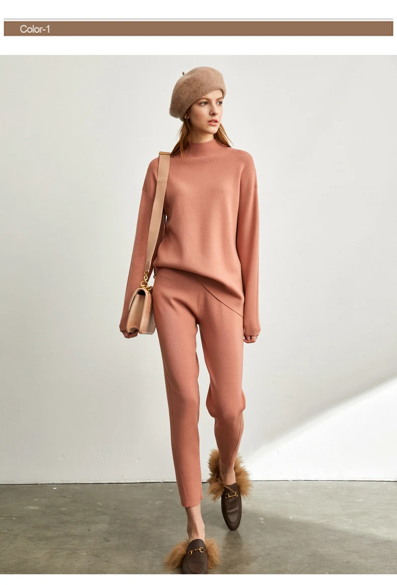 Amii minimalist Korean fashion knitting suit womens new half high neck sweater soft knit pant 11940516