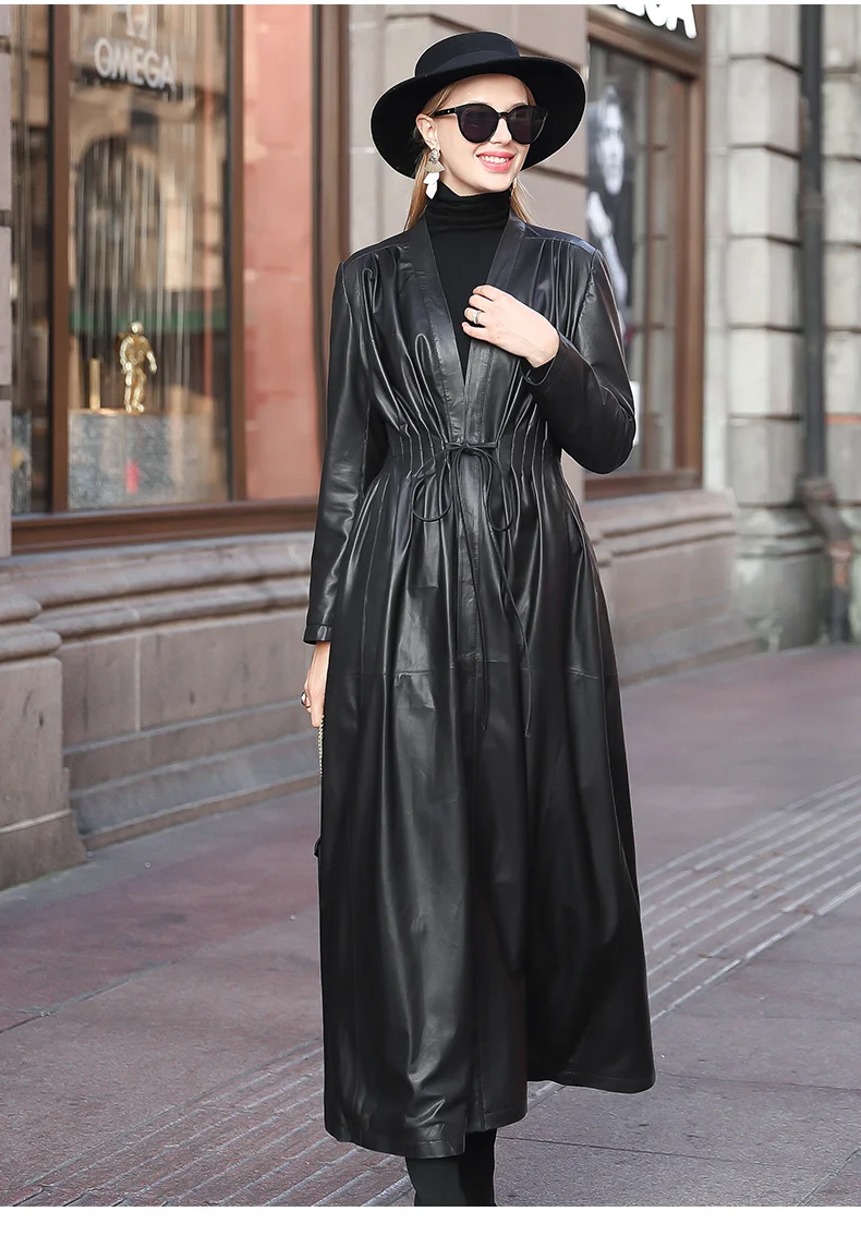 Waliicorners long sleeve drawstring clothes for women Long black leather trench coat 11 Hc08d1bac82b1448ba0f11f70bbd3438cc