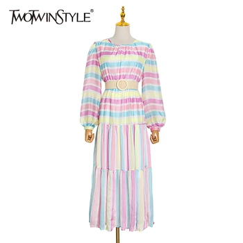 TWOTWINSTYLE Stripe Print Hit Color Dress For Women O Neck Lantern Sleeve High Waist With Sashes Dresses Female 2020 Summer New
TWOTWINSTYLE Stripe Print Hit Color Dress For Women O Neck Lantern Sleeve High Waist With Sashes Dresses Female 2020 Summer New