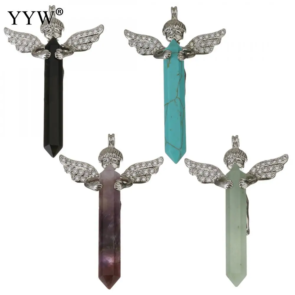 Gem Stone Pendants Jewelry Brass Natural Stones Long Sword Hexagonal Prism Angel Wings For Necklace Classic Design | Украшения и