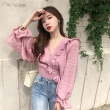 Nouveau femmes Blouses & chemises 2019 printemps été dames décontracté mode Sexy Style col en v à lacets nœud hauts chemise(China)
