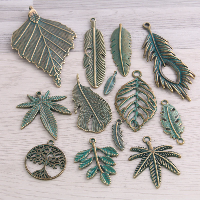 

6pc-100pc Metal Mix Green Bronze Charms Classic DIY Handmade Decoration Leaf feather tree Shape Charms for Jewelry Making D6405