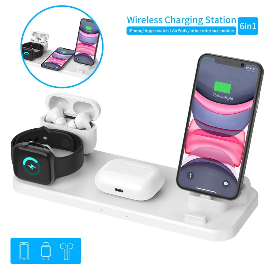 Беспроводное зарядное устройство QI 6 в 1 для iPhone 13 12 11 Pro Max XS XR Mini Airpods Pro, база для быстрой зарядки для Apple Watch, зарядная док-станция
Беспроводное зарядное устройство QI 6 в 1 для iPhone 13 12 11 Pro Max XS XR Mini Airpods Pro, база для быстрой зарядки для Apple Watch, зарядная док-станция