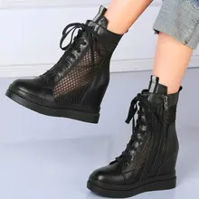 

Increasing Height Summer Ankle Boots Women's Genuine Leather Hidden Wedge Sandals High Heels Lace Up Oxfords Casual Punk Shoe
