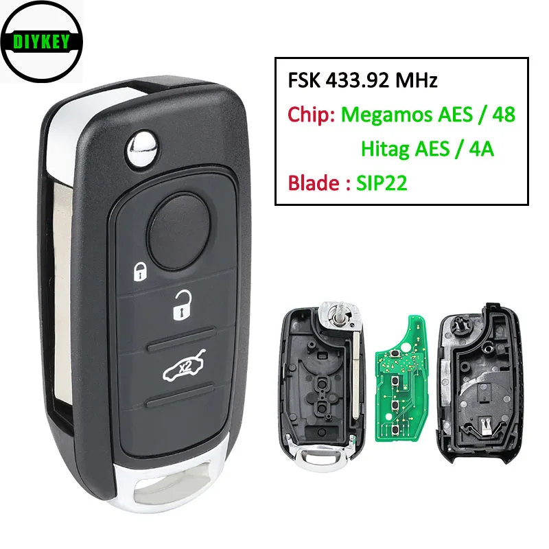 

DIYKEY 3 Button Remote Key Fob 433.92Mhz for Fiat 500X Egea Tipo 2016-2018 I6FA Model Megamos AES / ID48 Hitag AES / 4A Chip