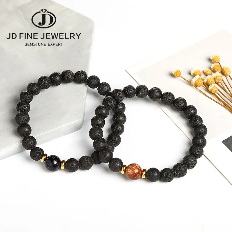 Браслет JD 8 мм из лавового камня голубой/золотой песок модные ювелирные изделия