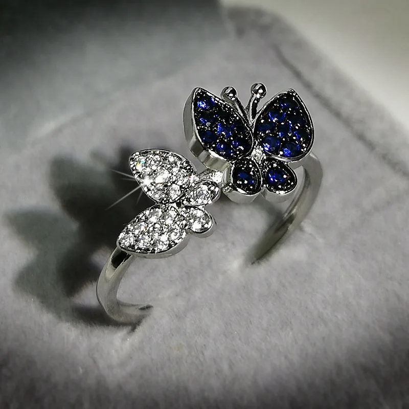 

Fashion Luxury Blue Gem Crystal Ring Lady Shining Butterfly Silver Plated Ring Cocktail Party Wedding Party Jewelry Gift