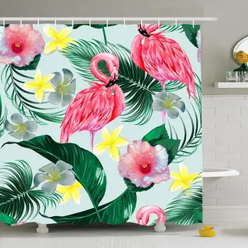 

Shower Curtain Set with Hooks 72x72 Pink Flamingos Tropical Flowers Palm Hawaii Trendy Leaves Nature Textures Green Summer