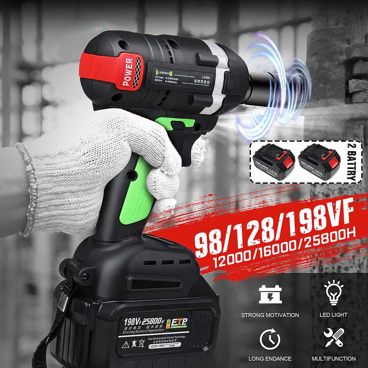 98/128/198VF Dual Battery Brushless Cordless Electric Wrench Impact Wrench Battery Power Electric Tool Drill 21V
98/128/198VF Dual Battery Brushless Cordless Electric Wrench Impact Wrench Battery Power Electric Tool Drill 21V