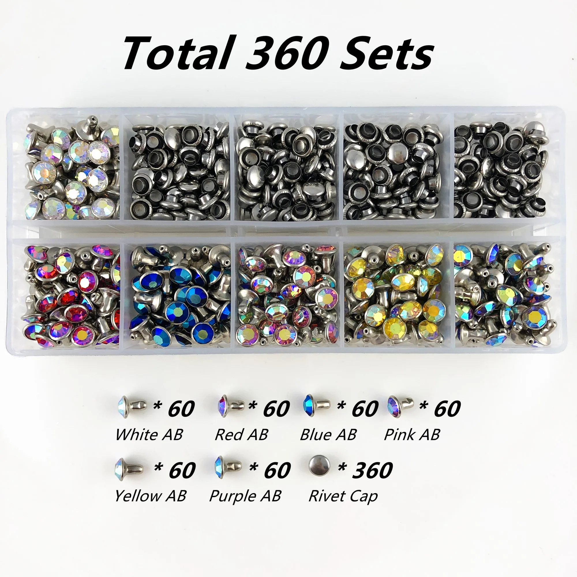 

YORANYO 360 Sets CZ++ Aurora Borealis Crystal Rivets Silver Plated Mixed Color Spots Studs Double Cap for Leather-Crafting