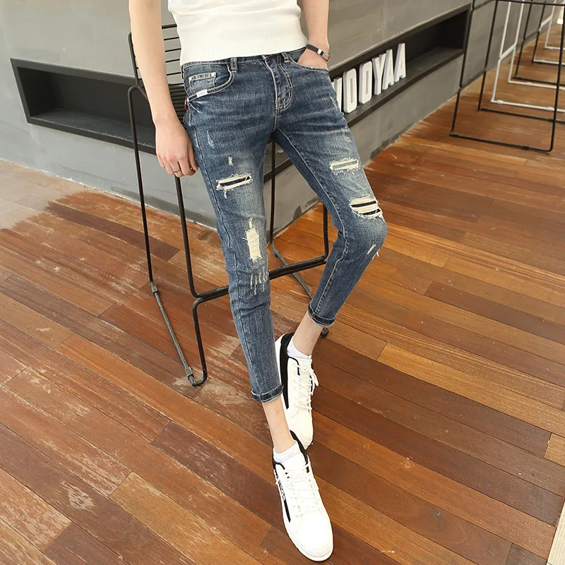 

Wholesale 2020 Fashion Casual Social Guy Cowboy Beggar Pants Men's Slim Korean Tight Skinny Jeans Men Feet Hole Ankle Pants