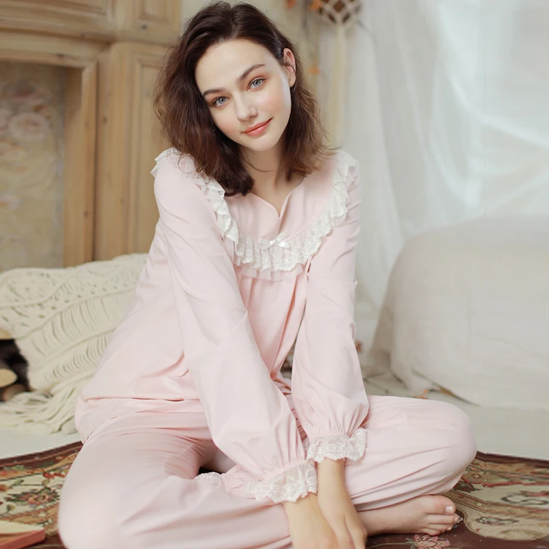 Spring Sweet Court style Womens Pajamas 2 piece set Long Sleeve Lace Ruffles Tops + Pants Two-piece set Suit
Spring Sweet Court style Womens Pajamas 2 piece set Long Sleeve Lace Ruffles Tops + Pants Two-piece set Suit