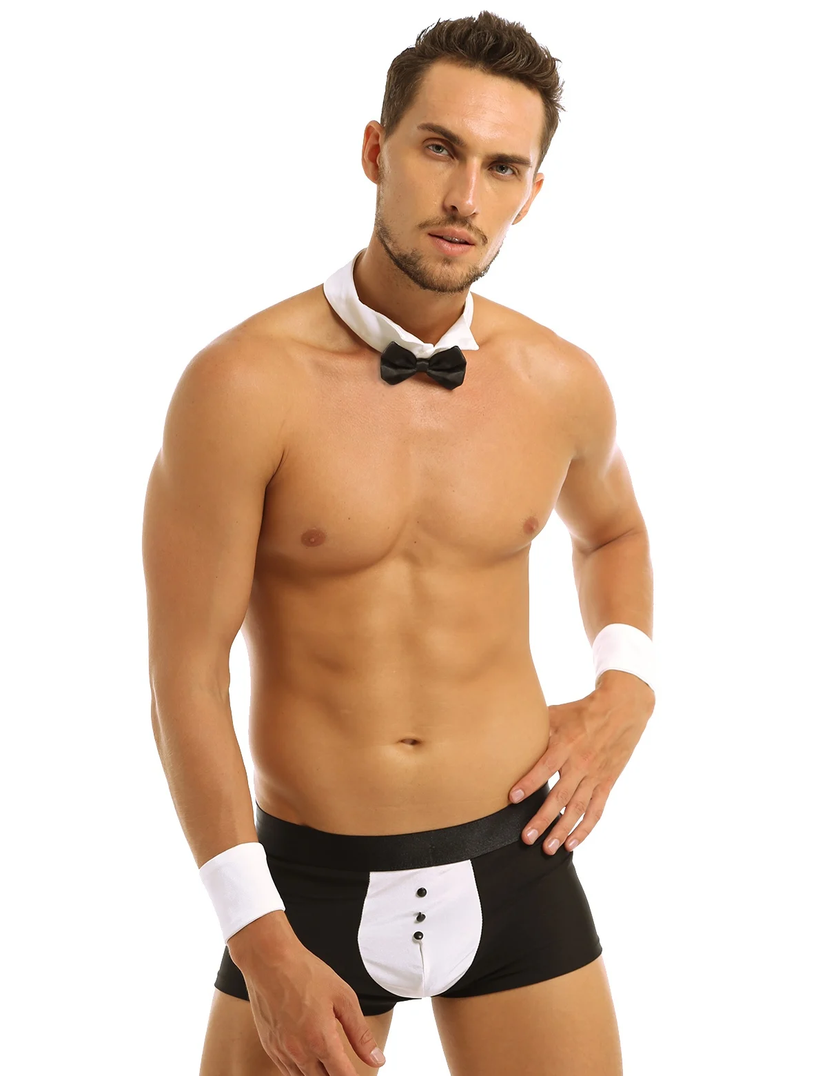 

Mens Sexy Servant Cosplay Costume Erotic Maid Waiter Tuxedo Lingerie Set Boxer Briefs Bow Tie Collar Bracelet Nightwear Clubwear