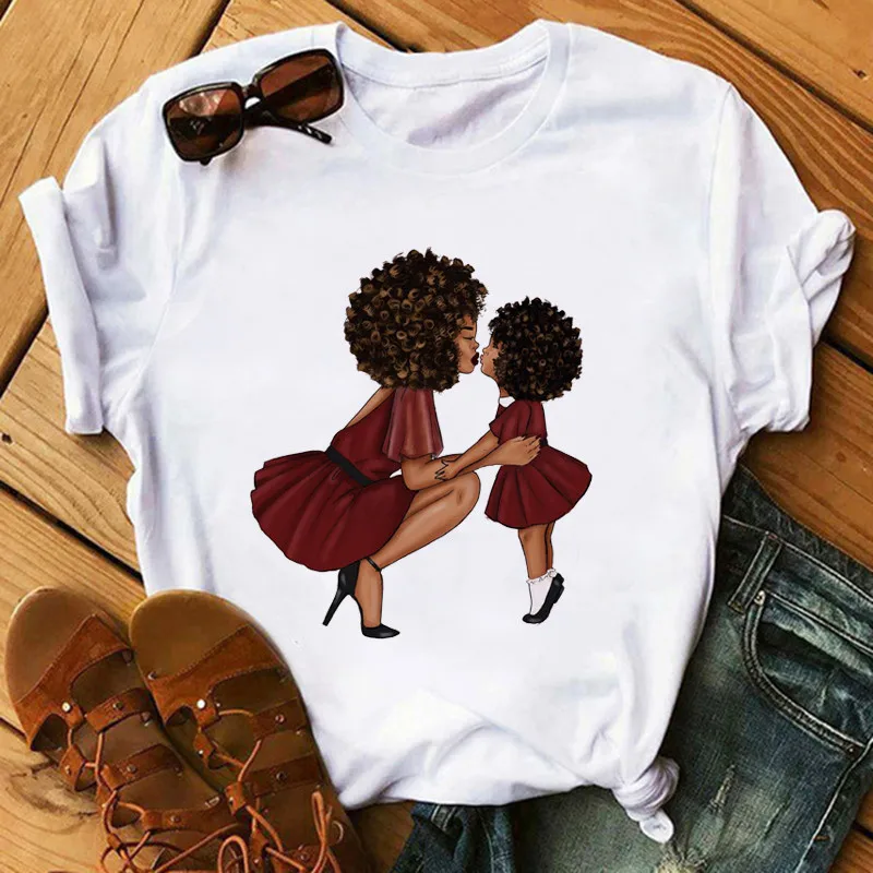 Poppin Mom T Shirt Casual Women Black African Curly Hair girl Printed Tshirt Femme Harajuku Clothes Female T-shirt Tops | Женская одежда