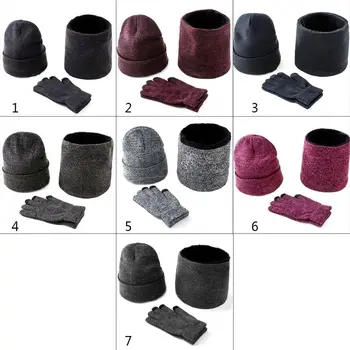 

Men Women 3 Pcs Knitted Cuffed Beanie Hat Loop Scarf Touch Screen Gloves Set Thicken Plush Lining Cap Collar Neck Warmer Mittens