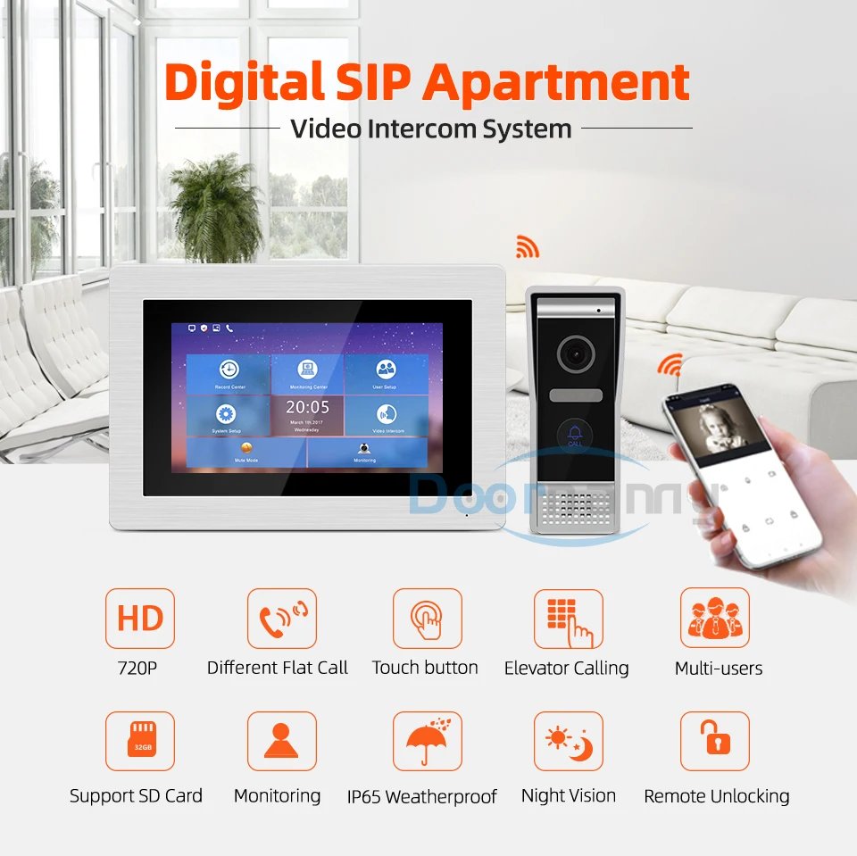 Doornanny 7Inch Wireless Full Touch Screen Smart Ring Video Intercom System Monitor Doorbell Intercom Set IR Led Doorbell Camera
Doornanny 7Inch Wireless Full Touch Screen Smart Ring Video Intercom System Monitor Doorbell Intercom Set IR Led Doorbell Camera