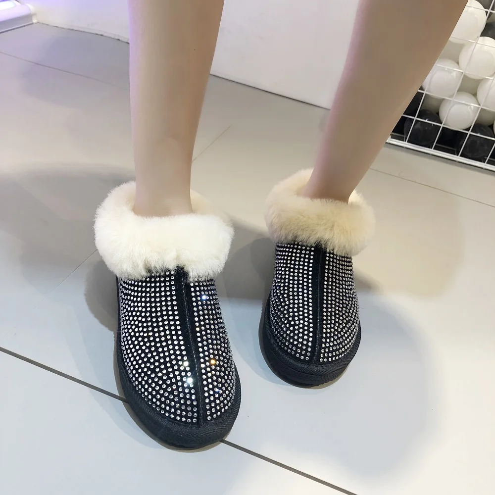 

2019 Winter Women Plush Lining Crystal Fur Snow Boots Low Heels Slip-on Silver Australia Emu Boots Fashion Cotton Shoes