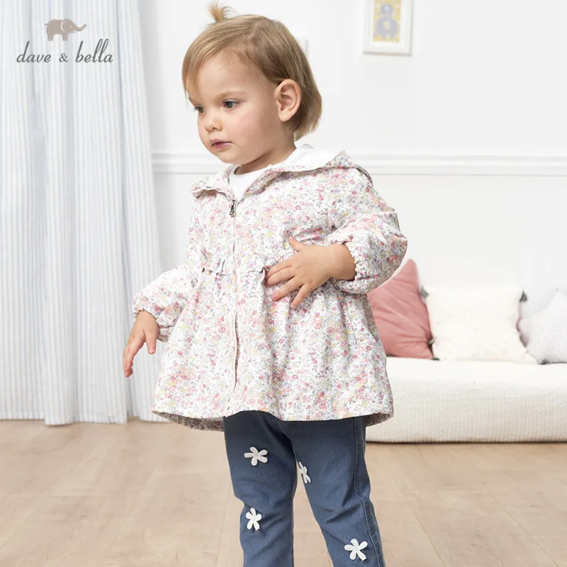 DB12946 dave bella spring baby girls cute zipper floral bow ruched hooded coat children tops fashion infant toddler outerwear | Детская