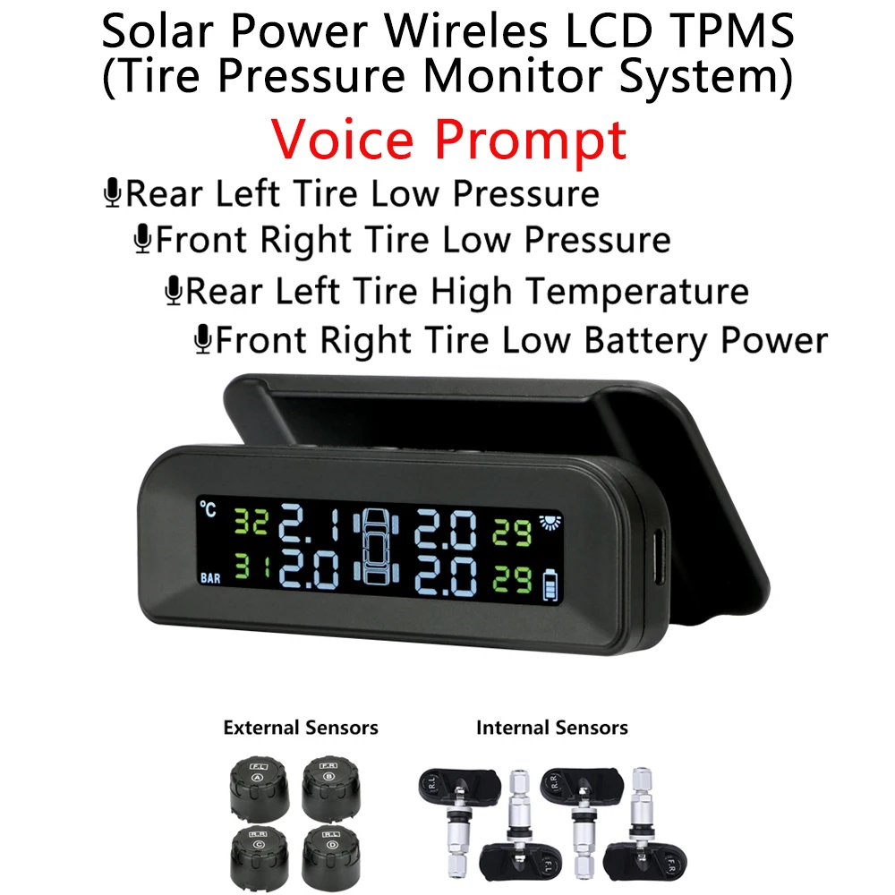 Solar Power Tyre Pressure Monitor System TPMS With USB Charging And LCD Display Voice Anouncment High Temperature Air Leak Alarm
Solar Power Tyre Pressure Monitor System TPMS With USB Charging And LCD Display Voice Anouncment High Temperature Air Leak Alarm