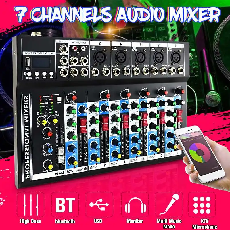 7 Channels 48V bluetooth Audio Mixer USB DSP Amplifier Portable Digital Mixing Console Wireless MP3 Karaoke Player DJ Equipment
7 Channels 48V bluetooth Audio Mixer USB DSP Amplifier Portable Digital Mixing Console Wireless MP3 Karaoke Player DJ Equipment
