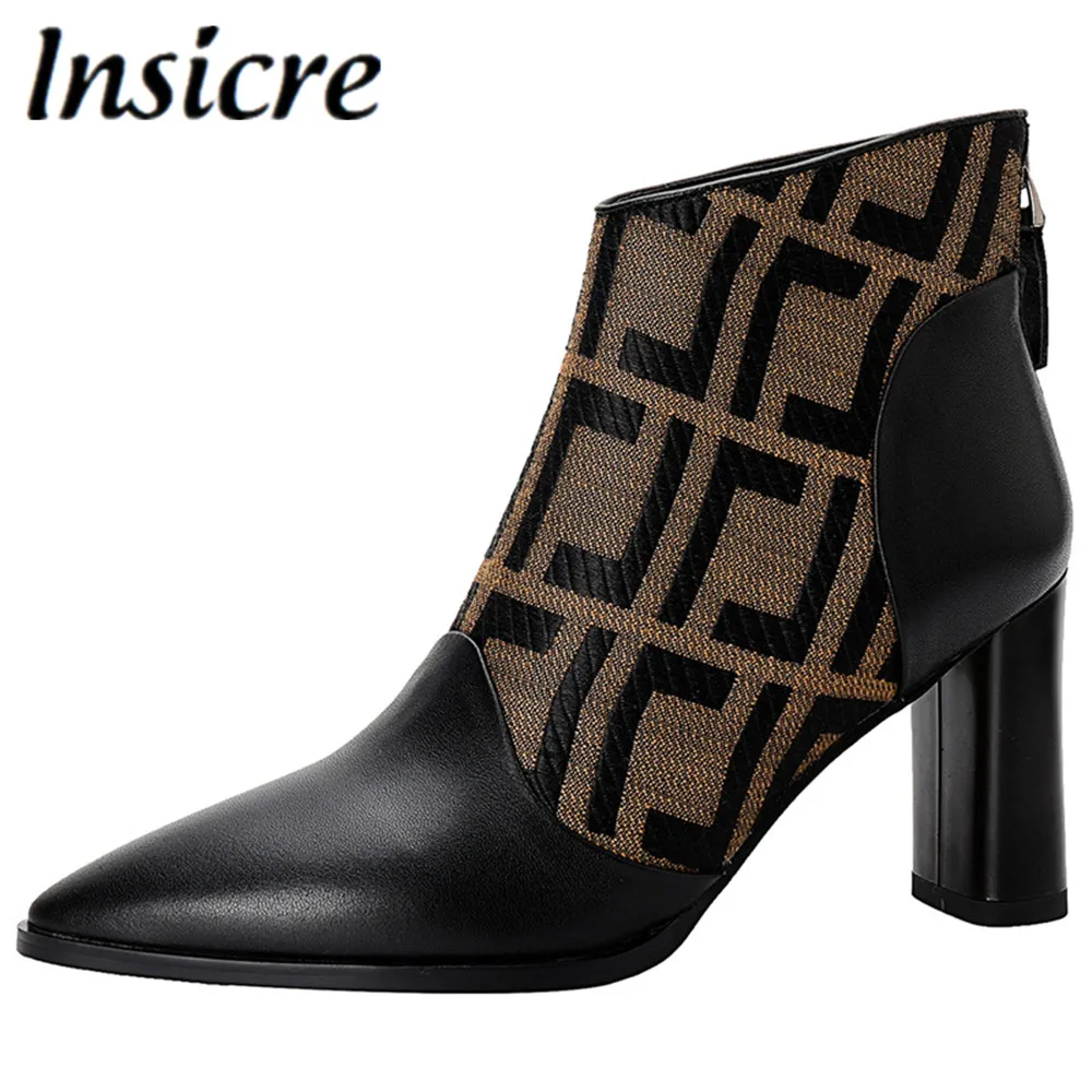 

Insicre Brand Style Genuine Leather Knitting Patchwork Sexy Ankle Boots Autumn Women Pointed Toe Thick High Heels Party Shoes