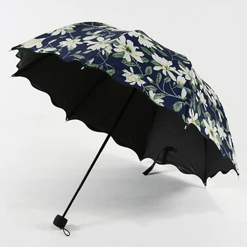 

2019 High Quality Ruffled Tri-fold Arch Lily Pattern Women's Umbrella UV Proof Sunshade Black Coating Female Umbrellas