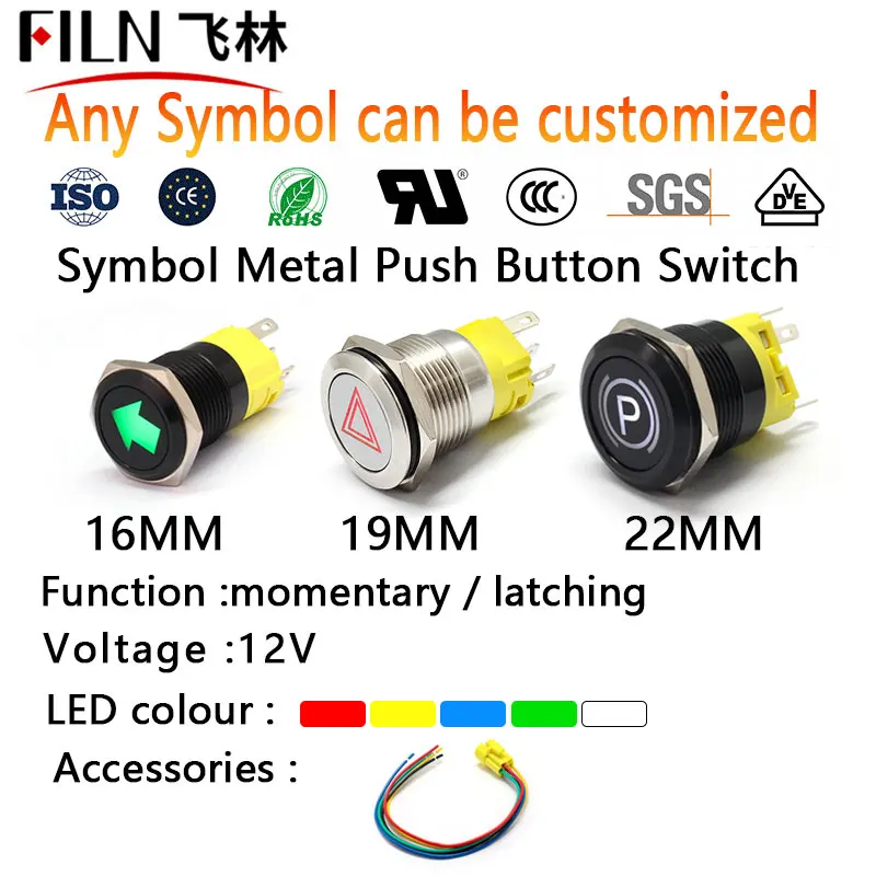 FILN 16mm 19mm 22mm 12v LED 1NO1NC Metal Push Button Switch Dashboard Custom Symbol Momentary Latch on Off Car Moto Switch
FILN 16mm 19mm 22mm 12v LED 1NO1NC Metal Push Button Switch Dashboard Custom Symbol Momentary Latch on Off Car Moto Switch