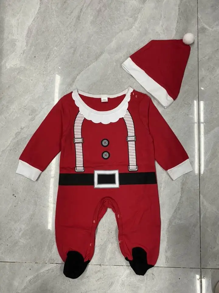 

2Pcs Baby Christmas Rompers Outfit Santa Claus Long Sleeves Snaps Jumpsuit Christmas Hat for Toddlers, Girls, Boys, 0-12 Months