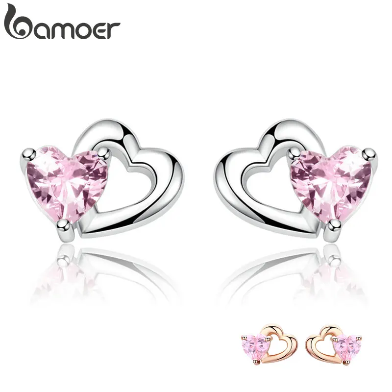 925 Sterling Silver Hearts Fashion Rose Gold Color Pink CZ Simple Stud Earrings For Women Sterling Silver Jewelry
