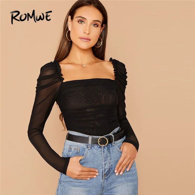 

ROMWE Frill Trim Gigot Sleeve Ruched Mesh Top Square Neck Sexy T Shirt Women Slim Fit Tops 2020 Spring Solid Long Sleeve Tshirt