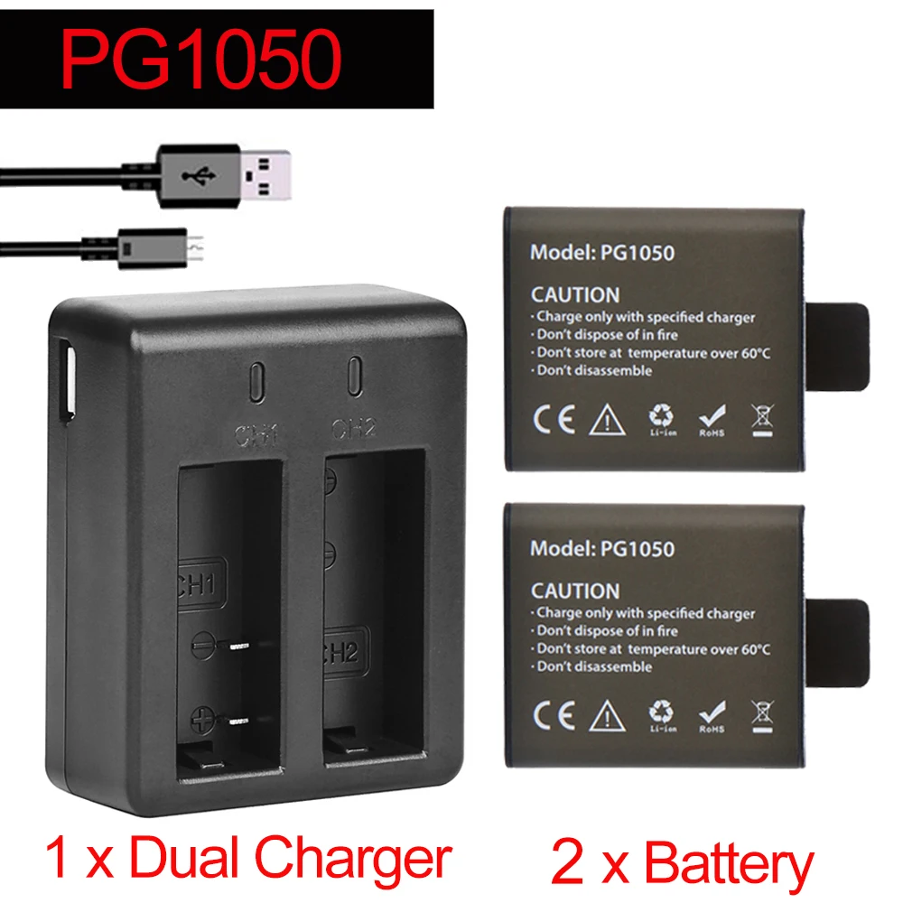 2Pcs X 1050mAH PG1050 Battery + Dual Charger For EKEN H9 H9R H3R H8R H8PRO H8 For SJCAM SJ4000 SJ 4000 SJ5000 M10 Batteria
2Pcs X 1050mAH PG1050 Battery + Dual Charger For EKEN H9 H9R H3R H8R H8PRO H8 For SJCAM SJ4000 SJ 4000 SJ5000 M10 Batteria