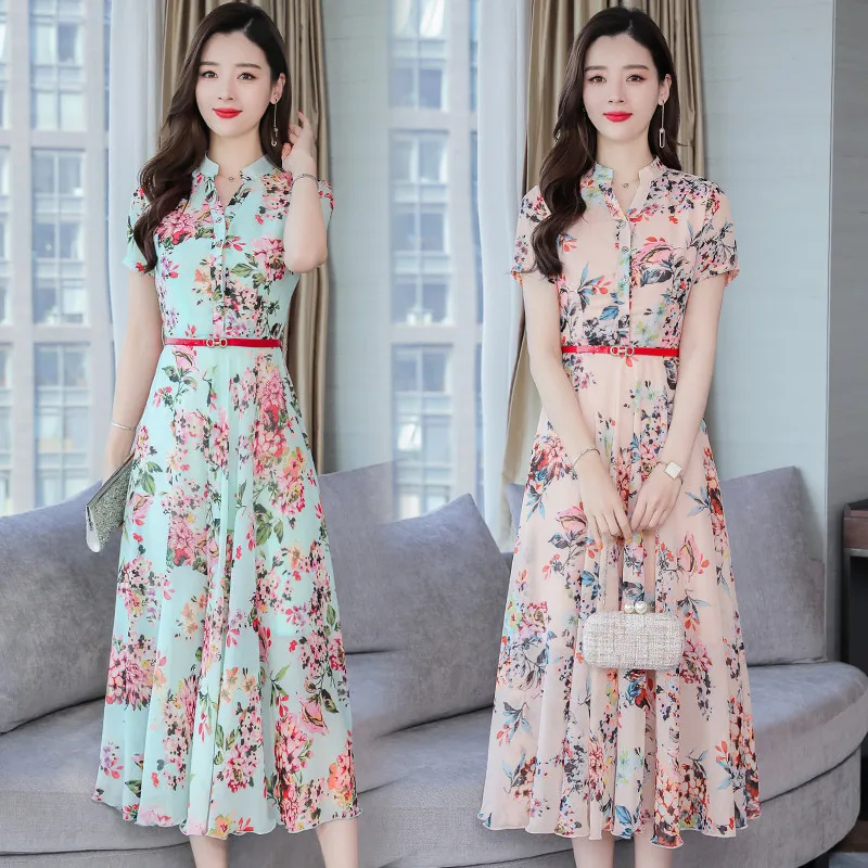 2019 Summer Wear New Style Korean-style Women's Wear Elegant Slim Fit Waist Hugging Slimming Printed Long Chiffon Dress 
2019 Summer Wear New Style Korean-style Women's Wear Elegant Slim Fit Waist Hugging Slimming Printed Long Chiffon Dress