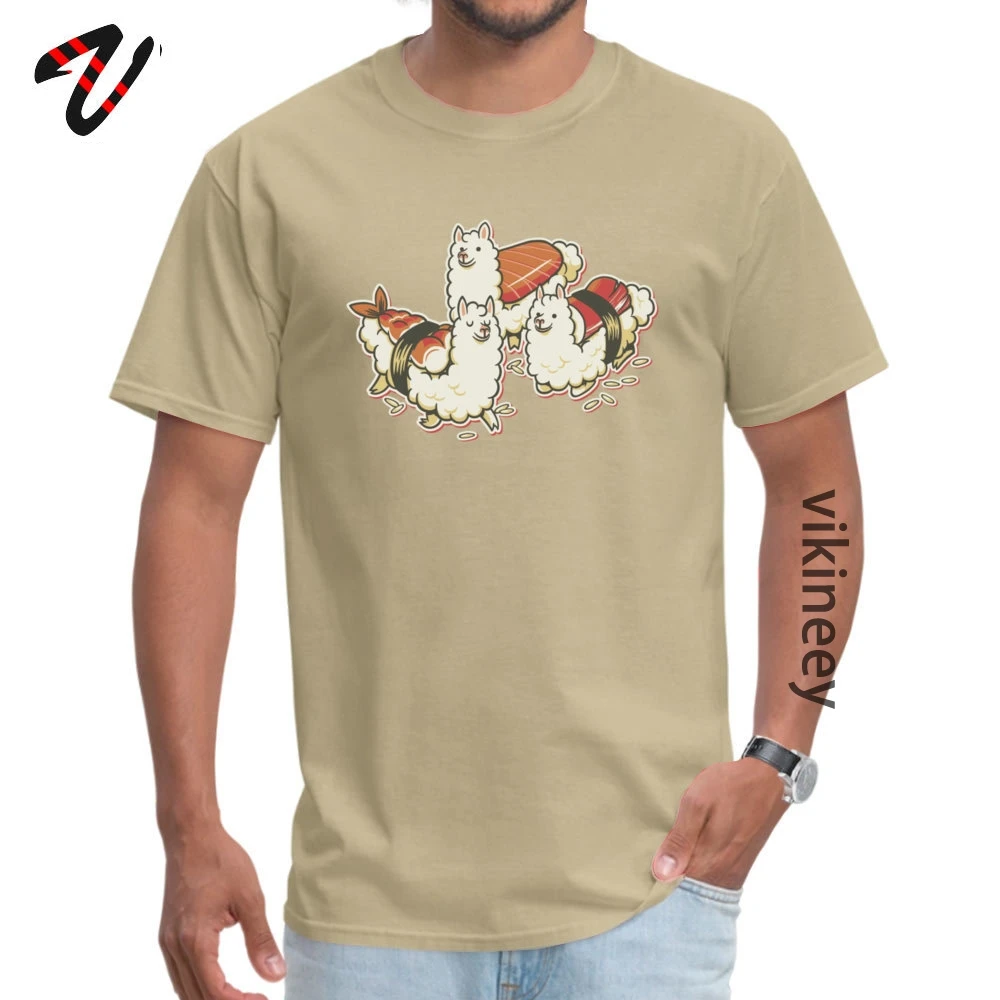 Alpaca_Sushi_Niguiri__ Normal Top T-shirts for Men Cotton Fabric April FOOL DAY Tops Shirt Tops Shirt Retro Round Collar Alpaca_Sushi_Niguiri_1_1992 beige
