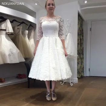 Simple Cheap A Line Retro Lace Wedding Dresses Tea Length Scoop Neck 3/4 Sleeve Garden Bridal Gown Puffy Skirt Vestido De Noiva
Simple Cheap A Line Retro Lace Wedding Dresses Tea Length Scoop Neck 3/4 Sleeve Garden Bridal Gown Puffy Skirt Vestido De Noiva