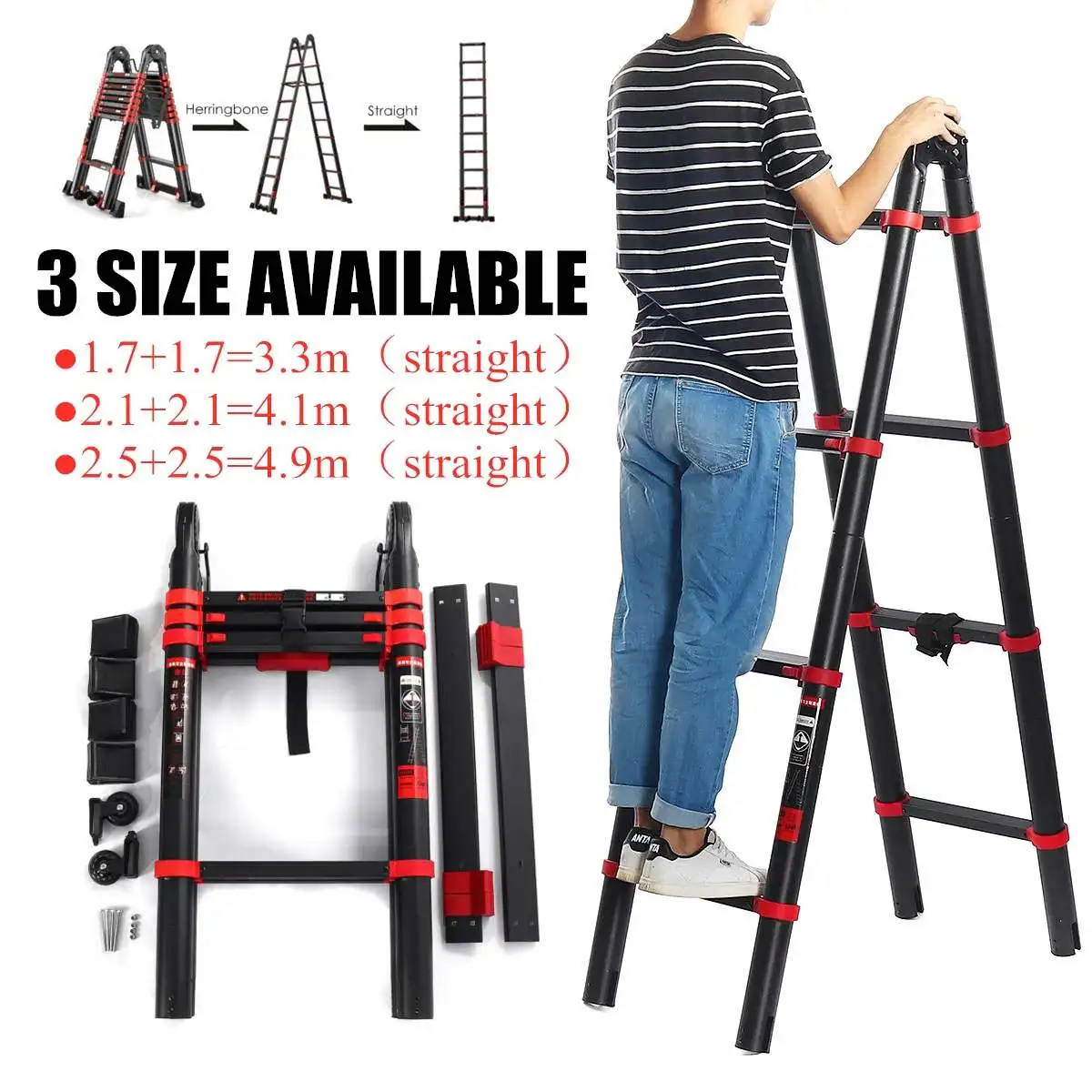 4.1M Telescoping Dual-Use Herringbone Ladder Multifunctional Extension Tools Width 82mm Aluminium Ladders 5 Steps
4.1M Telescoping Dual-Use Herringbone Ladder Multifunctional Extension Tools Width 82mm Aluminium Ladders 5 Steps