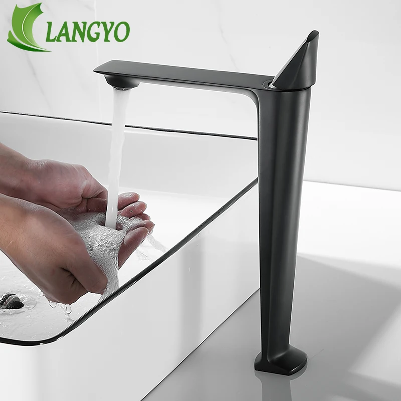 

LANGYO Bathroom White Black Grey Faucet Mixer Single Handle Deck Mount Taps Vanity Basin Waterfall Brass Faucets