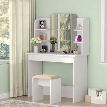 Vanity Set with Mirror, Makeup Table with Cushioned Stool Dressing Table Dresser Desk with 6 Storage Shelves
Vanity Set with Mirror, Makeup Table with Cushioned Stool Dressing Table Dresser Desk with 6 Storage Shelves