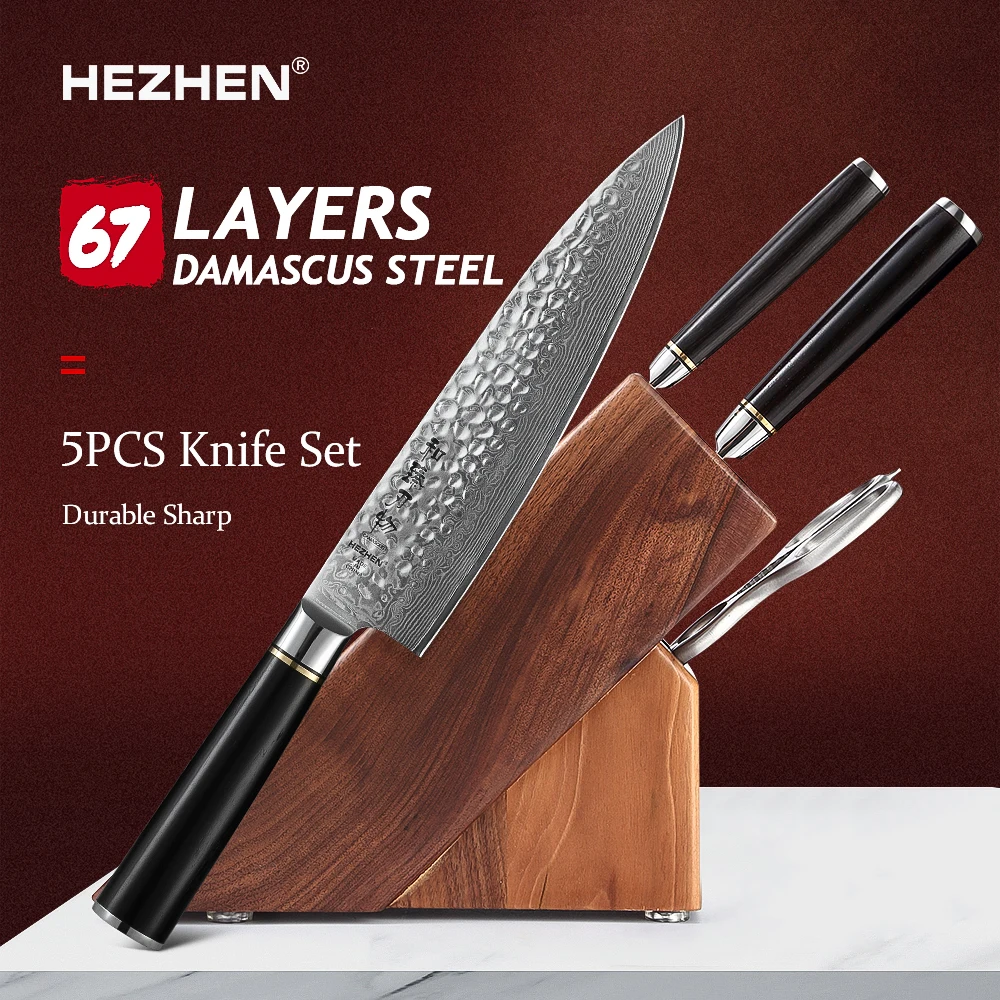 HEZHEN 5PC Kitchen Knife Set Vacuum & Deep Freezer Heat Treatment 67 Layers Powder Damascus Steel Walnut Shears Knife Holder
HEZHEN 5PC Kitchen Knife Set Vacuum & Deep Freezer Heat Treatment 67 Layers Powder Damascus Steel Walnut Shears Knife Holder