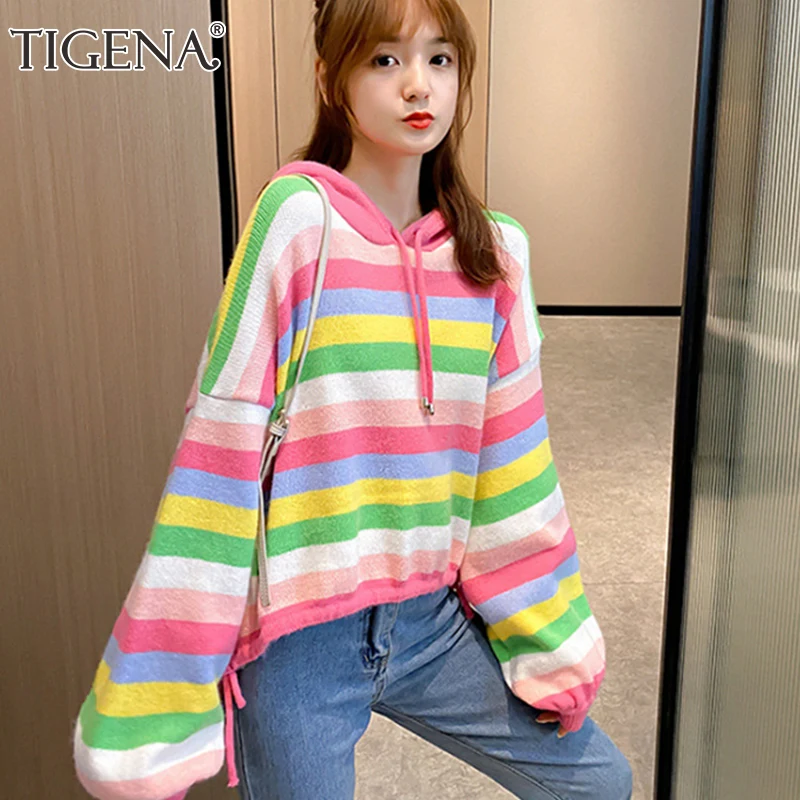 TIGENA Korean Cute Rainbow Striped Hoodies Sweatshirt Women 2020 Autumn Winter Loose Oversize Hooded Poleron | Женская одежда