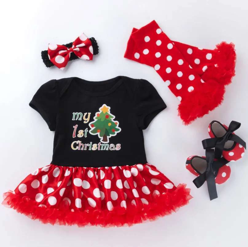 

New Christmas Tree Infant Rompers with dot print tutu skirt lace leg warmers toddler shoes bows hairband baby girl clothing sets