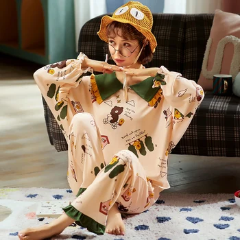 Cotton Sleepwear Set Long Sleeve Trousers Pajamas Ladies Pyjama Home Suit Women Pajama Set Pijama Mujer M-XXL 
Cotton Sleepwear Set Long Sleeve Trousers Pajamas Ladies Pyjama Home Suit Women Pajama Set Pijama Mujer M-XXL