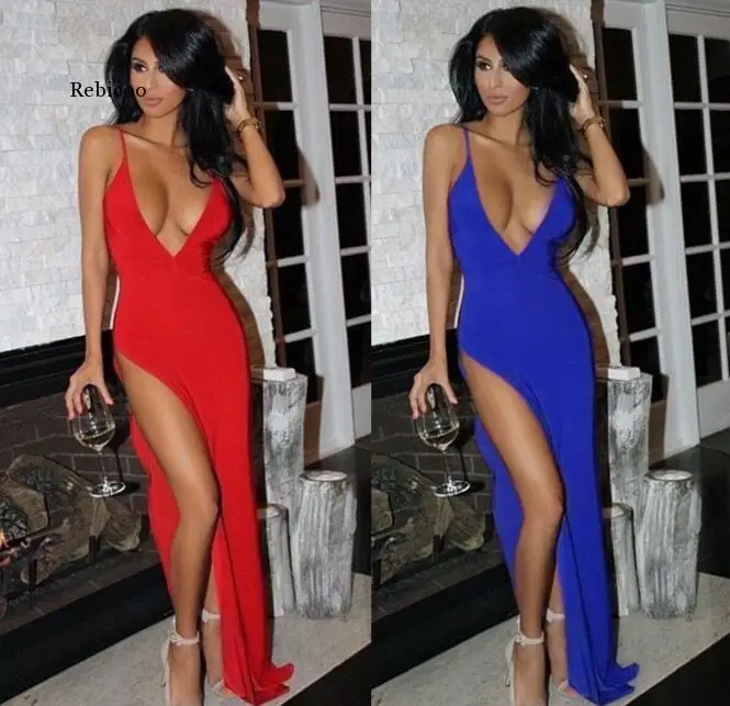 

Women Nightclub Sexy Deep V Neck High Side Slit Long Dress Women Spaghetti Strap Backless Party Dresses